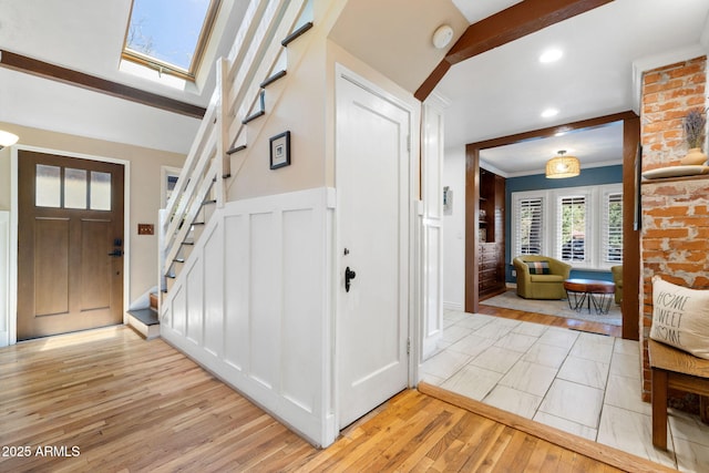 543 S Hassayampa Dr, Prescott, AZ 86303 - entryway featuring stairs, light wood-type flooring, ornamental molding, and recessed lighting
