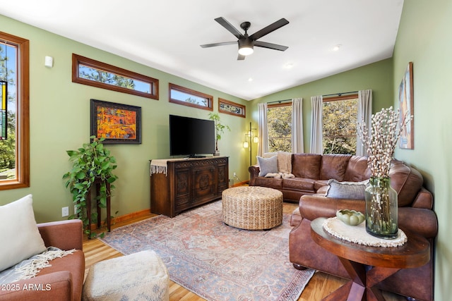 543 S Hassayampa Dr, Prescott, AZ 86303 - living room featuring a ceiling fan, wood finished floors, baseboards, and vaulted ceiling