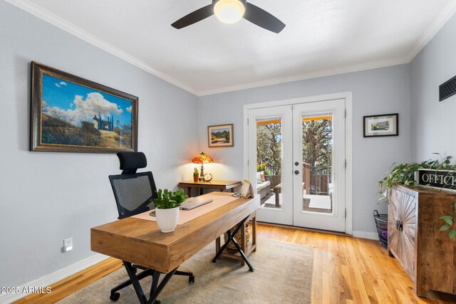 543 S Hassayampa Dr, Prescott, AZ 86303 - office space with french doors, baseboards, light wood-type flooring, ornamental molding, and ceiling fan