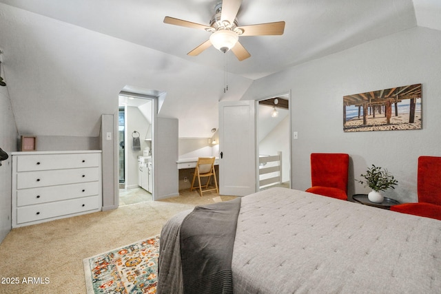 543 S Hassayampa Dr, Prescott, AZ 86303 - carpeted bedroom with lofted ceiling, ensuite bath, and ceiling fan