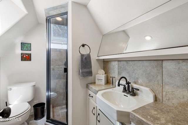 543 S Hassayampa Dr, Prescott, AZ 86303 - full bathroom with vaulted ceiling, a shower stall, toilet, vanity, and backsplash