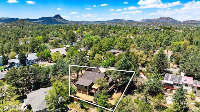 543 S Hassayampa Dr, Prescott, AZ 86303 - aerial view of property and surrounding area featuring mountains, property parcel outlined, and a forest