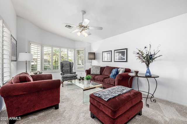15027 N 61st Pl, Scottsdale, AZ 85254 - living area with visible vents, carpet floors, lofted ceiling, and ceiling fan