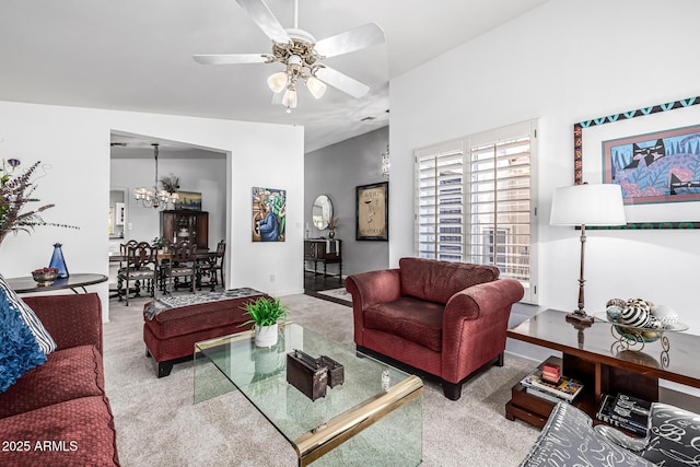 15027 N 61st Pl, Scottsdale, AZ 85254 - living room featuring ceiling fan with notable chandelier and carpet floors