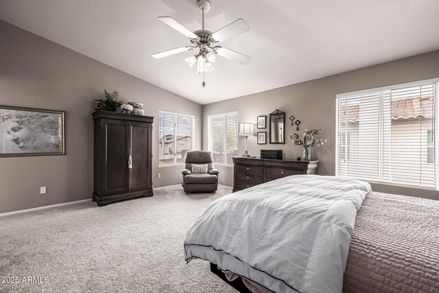 15027 N 61st Pl, Scottsdale, AZ 85254 - carpeted bedroom featuring baseboards, lofted ceiling, and ceiling fan