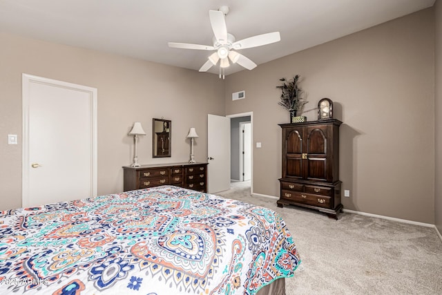 15027 N 61st Pl, Scottsdale, AZ 85254 - bedroom featuring visible vents, baseboards, ceiling fan, light colored carpet, and lofted ceiling