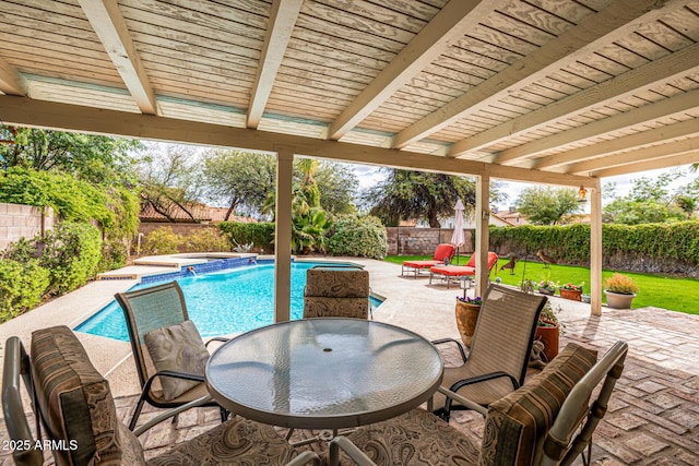 15027 N 61st Pl, Scottsdale, AZ 85254 - view of swimming pool with outdoor dining space, a fenced in pool, a patio, and a fenced backyard