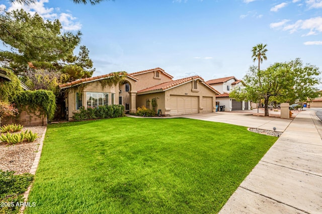 15027 N 61st Pl, Scottsdale, AZ 85254 - mediterranean / spanish house featuring stucco siding, a tile roof, concrete driveway, a front yard, and a garage