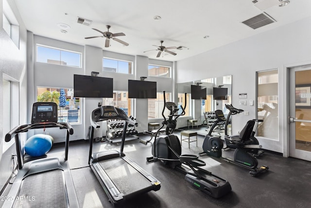 gym featuring a towering ceiling and a wealth of natural light