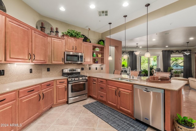 12832 W Pinnacle Vista Dr, Peoria, AZ 85383 - kitchen featuring stainless steel appliances, a sink, a peninsula, decorative backsplash, and open shelves