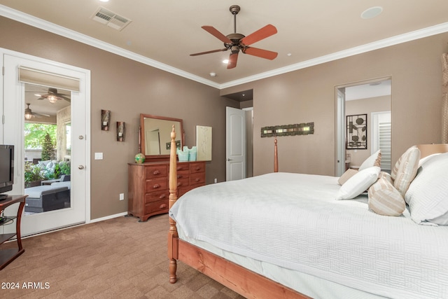 carpeted bedroom with access to exterior, ceiling fan, and ornamental molding