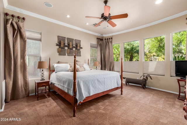 bedroom featuring ceiling fan and ornamental molding