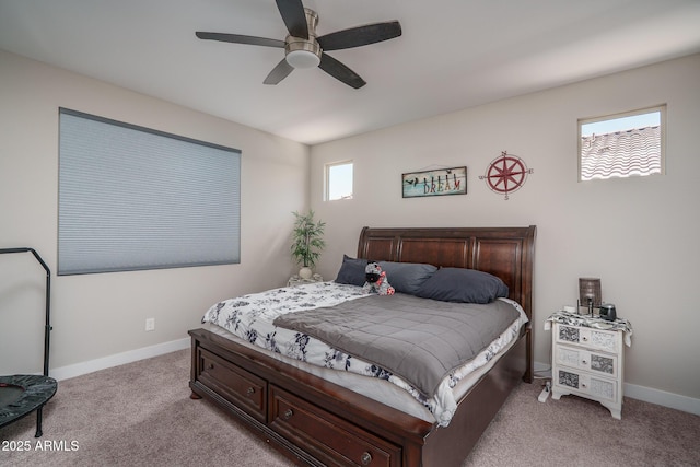 bedroom featuring carpet floors, baseboards, and ceiling fan
