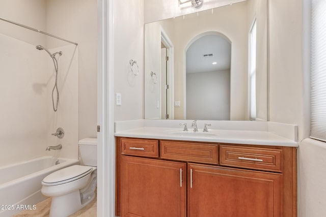 full bathroom featuring vanity,  shower combination, and toilet