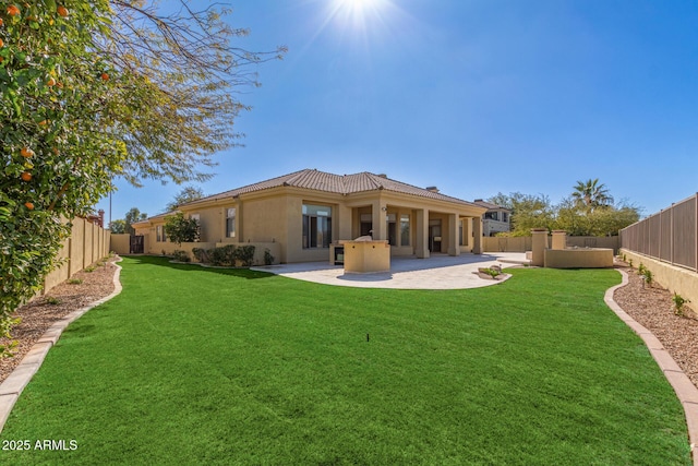 back of house featuring a lawn and a patio