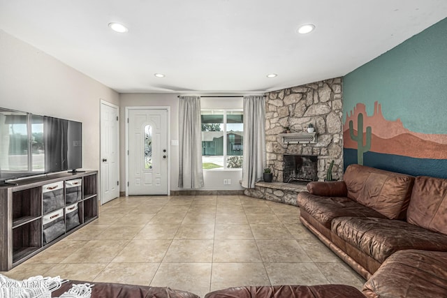 591 N Cheri Lynn Dr, Chandler, AZ 85225 - living room featuring recessed lighting, light tile patterned flooring, and a stone fireplace