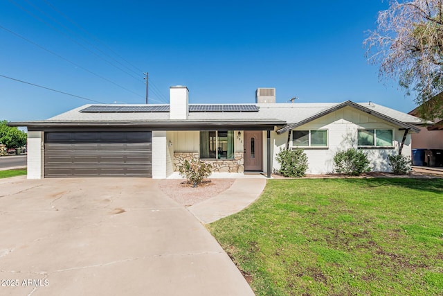 591 N Cheri Lynn Dr, Chandler, AZ 85225 - single story home featuring a chimney, a porch, an attached garage, a front lawn, and driveway
