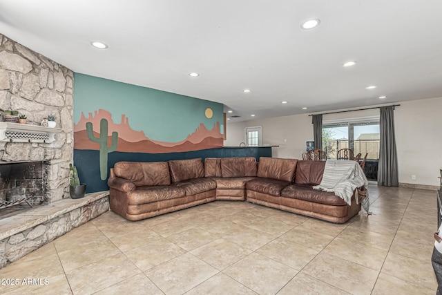 591 N Cheri Lynn Dr, Chandler, AZ 85225 - living room featuring recessed lighting, tile patterned flooring, and a stone fireplace