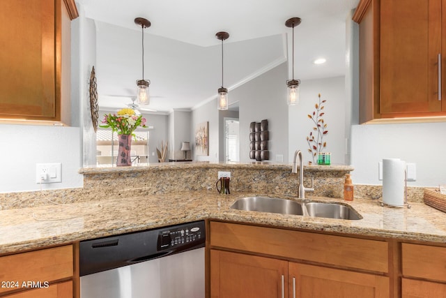 kitchen with sink, light stone counters, crown molding, hanging light fixtures, and stainless steel dishwasher