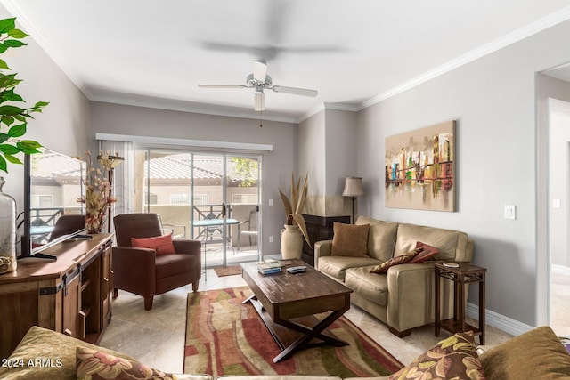 tiled living room with ornamental molding and ceiling fan