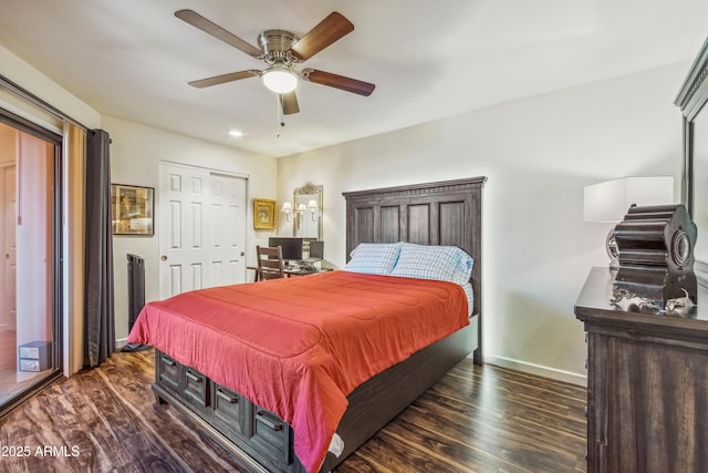 12222 N Paradise Village Pkwy S Unit 442, Phoenix, AZ 85032 - bedroom featuring dark wood-style floors, baseboards, ceiling fan, and a closet