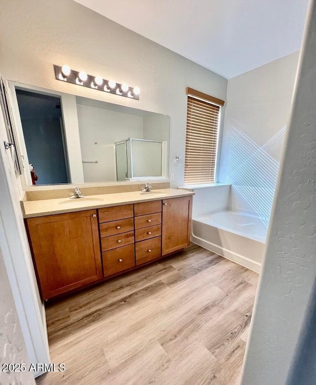 full bathroom featuring a sink, a shower stall, and wood finished floors