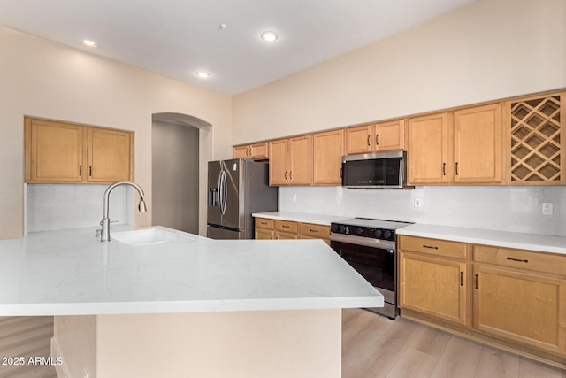 22322 N 77th St, Scottsdale, AZ 85255 - kitchen with stainless steel appliances, a sink, arched walkways, light wood finished floors, and backsplash