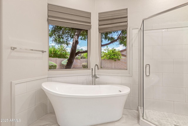 22322 N 77th St, Scottsdale, AZ 85255 - bathroom with a shower stall, a freestanding tub, and marble look tiles