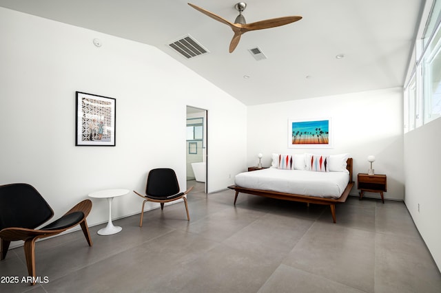 7646 E Catalina Dr, Scottsdale, AZ 85251 - bedroom with visible vents, finished concrete floors, and lofted ceiling