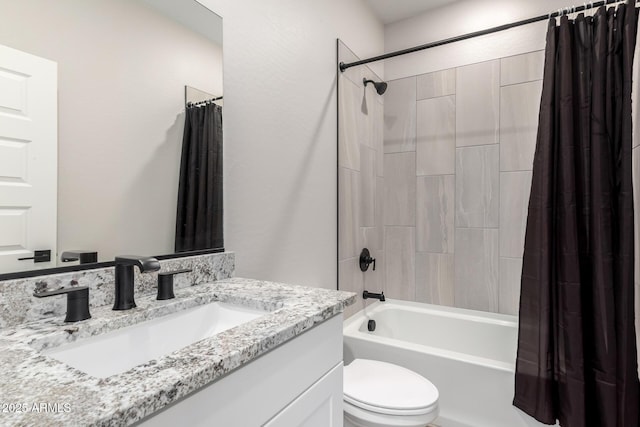 bathroom with toilet, shower / bathtub combination with curtain, and vanity