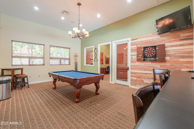 9820 N Central Ave Unit 212, Phoenix, AZ 85020 - rec room with carpet, pool table, recessed lighting, a chandelier, and wooden walls
