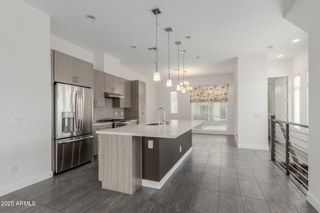 kitchen featuring stainless steel appliances, a sink, light countertops, tasteful backsplash, and a center island with sink