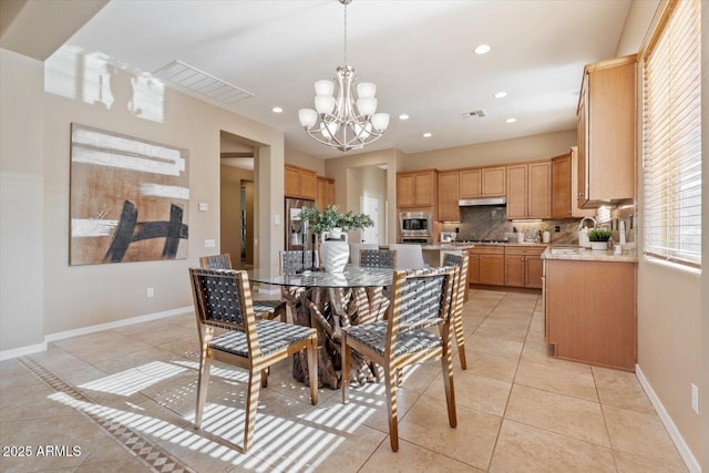 12820 W La Vina Dr, Sun City West, AZ 85375 - dining area featuring visible vents, recessed lighting, a chandelier, and light tile patterned flooring