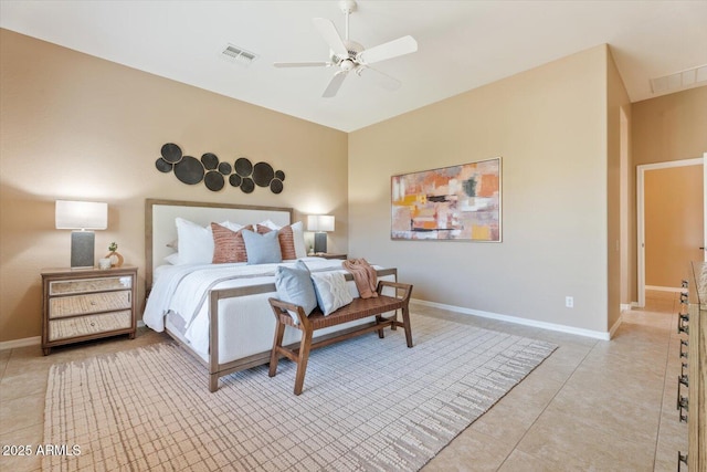 12820 W La Vina Dr, Sun City West, AZ 85375 - bedroom featuring baseboards, a ceiling fan, visible vents, and light tile patterned floors