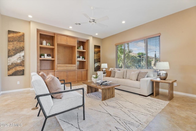 12820 W La Vina Dr, Sun City West, AZ 85375 - living room with light tile patterned flooring, baseboards, recessed lighting, built in features, and ceiling fan