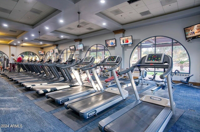 12820 W La Vina Dr, Sun City West, AZ 85375 - gym featuring carpet flooring, recessed lighting, and coffered ceiling