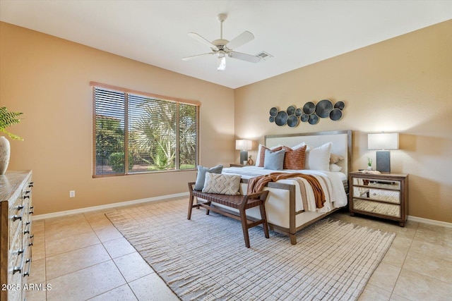 12820 W La Vina Dr, Sun City West, AZ 85375 - bedroom with visible vents, a ceiling fan, baseboards, and light tile patterned flooring