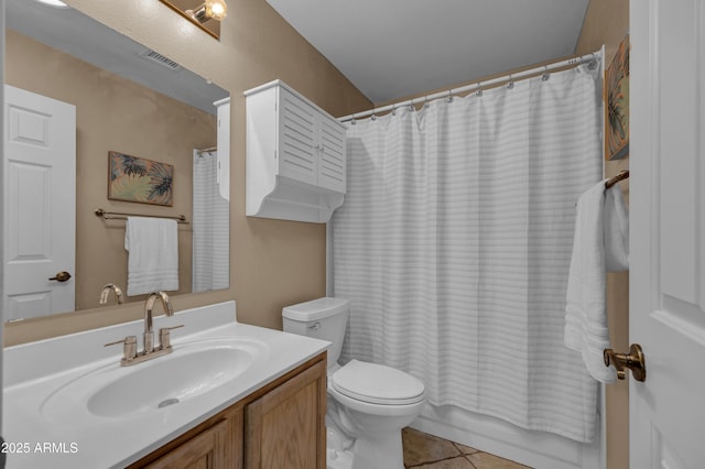 full bathroom with tile patterned flooring, vanity, shower / bath combo, and toilet