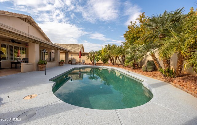 view of swimming pool with ceiling fan and a patio