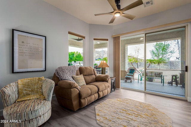 living room with ceiling fan and wood-type flooring