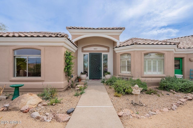16507 E Trevino Dr, Fountain Hills, AZ 85268 - doorway to property with a tile roof and stucco siding