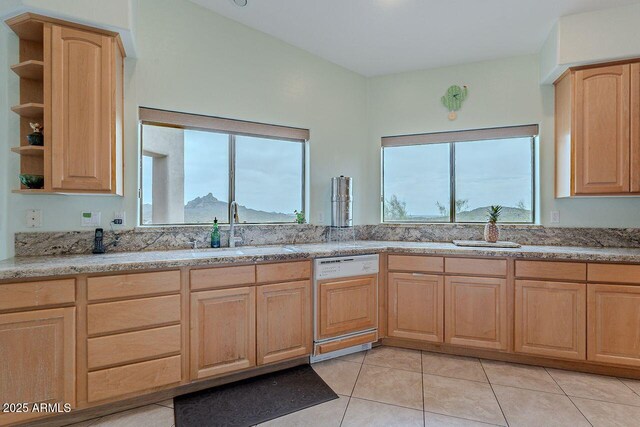 16507 E Trevino Dr, Fountain Hills, AZ 85268 - kitchen with open shelves, light tile patterned floors, a sink, paneled dishwasher, and light brown cabinets