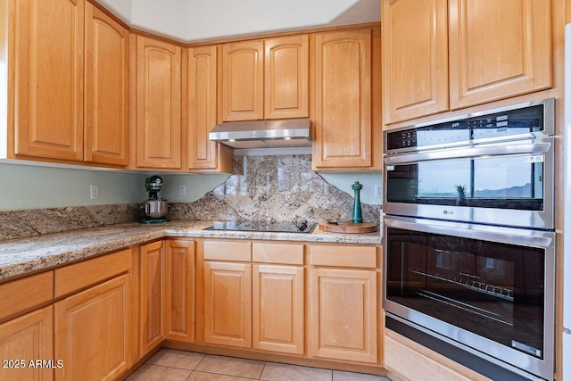 16507 E Trevino Dr, Fountain Hills, AZ 85268 - kitchen featuring light brown cabinets, under cabinet range hood, stainless steel double oven, and black electric stovetop
