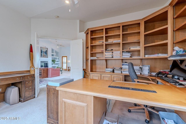 16507 E Trevino Dr, Fountain Hills, AZ 85268 - home office featuring a fireplace, ceiling fan, and light colored carpet