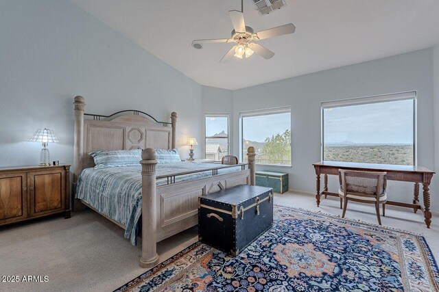 16507 E Trevino Dr, Fountain Hills, AZ 85268 - bedroom with visible vents, vaulted ceiling, a ceiling fan, and light carpet