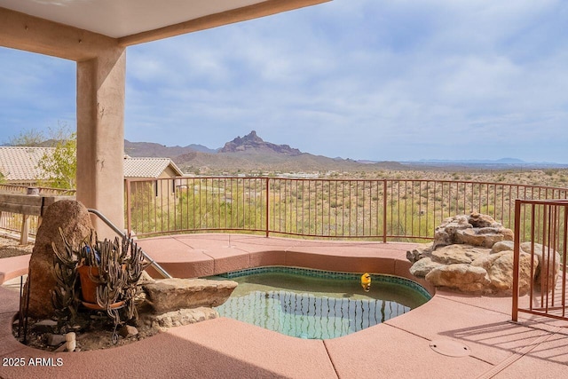16507 E Trevino Dr, Fountain Hills, AZ 85268 - view of pool featuring fence, a patio area, a mountain view, and a fenced in pool