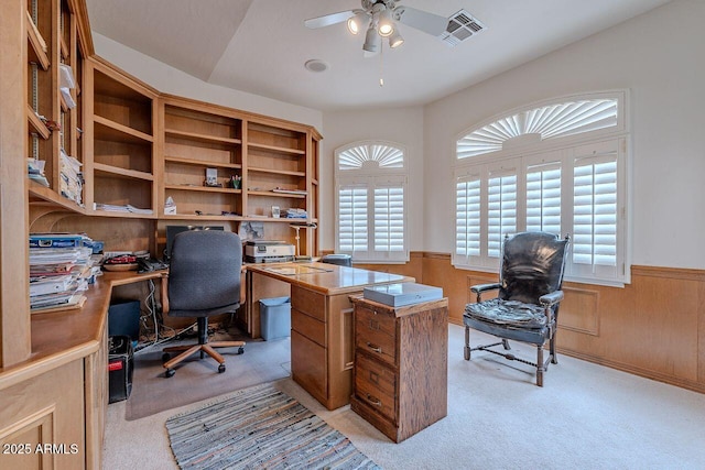 16507 E Trevino Dr, Fountain Hills, AZ 85268 - office featuring a ceiling fan, visible vents, wainscoting, and light colored carpet