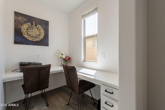 office area with dark wood-style floors and built in desk