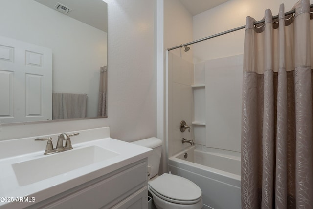 bathroom with vanity, toilet, shower / bathtub combination with curtain, and visible vents