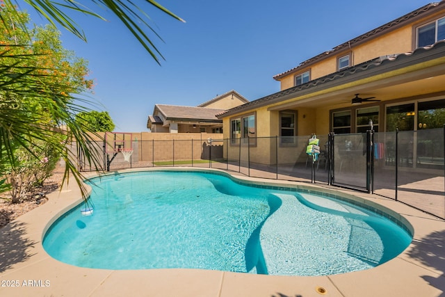 view of pool with a fenced backyard, a fenced in pool, and a patio area